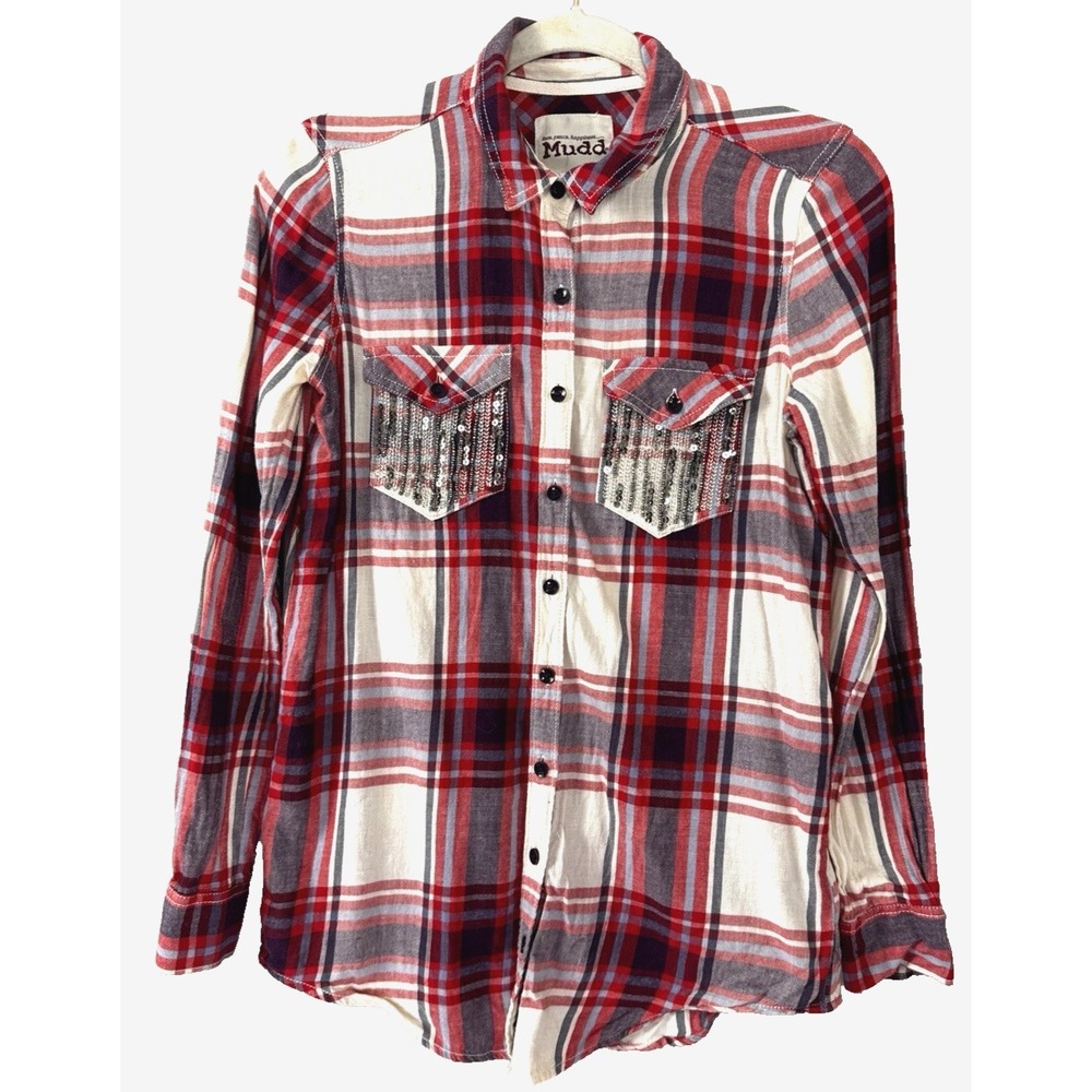 VTG Y2K Top Mudd Small Plaid Button Down Shirt Western Rodeo Cowgirl Sequin Glam